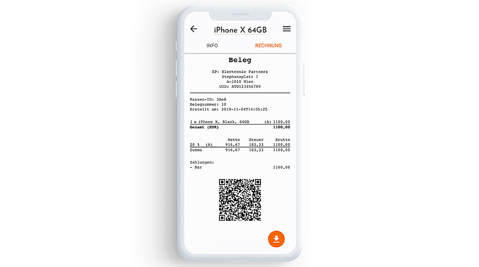 Smartphone-Screen mit Beleg und QR-Code