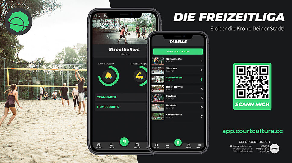 Court Culture - Smartphone-Display mit Freitzeitliga-App - im Hintergrund Volleyballspieler