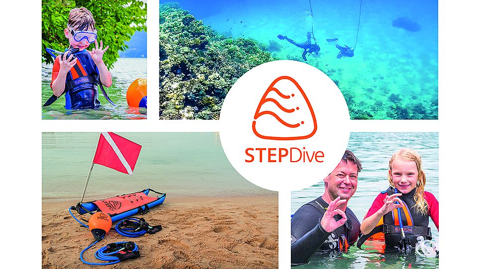 Bild mitte - STEPDive-Logo, Bild links oben - Kleinkind in Taucheranzug im Wasser stehend Bild rechts oben - bodennaher Tauchgang von zwei Personen - Bild links unten - Ausrüstung am Strand liegend, Bild rechts unten - Mann und Kind im Wasser stehend in 