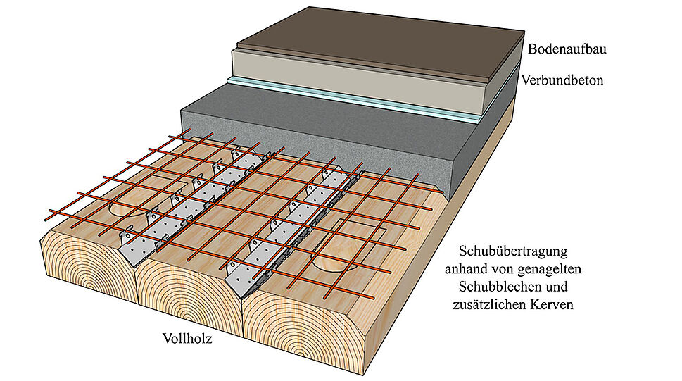 Aufbau Vollholz Hybriddecken Engelhart-Verbunddecke - schematische Darstellung 