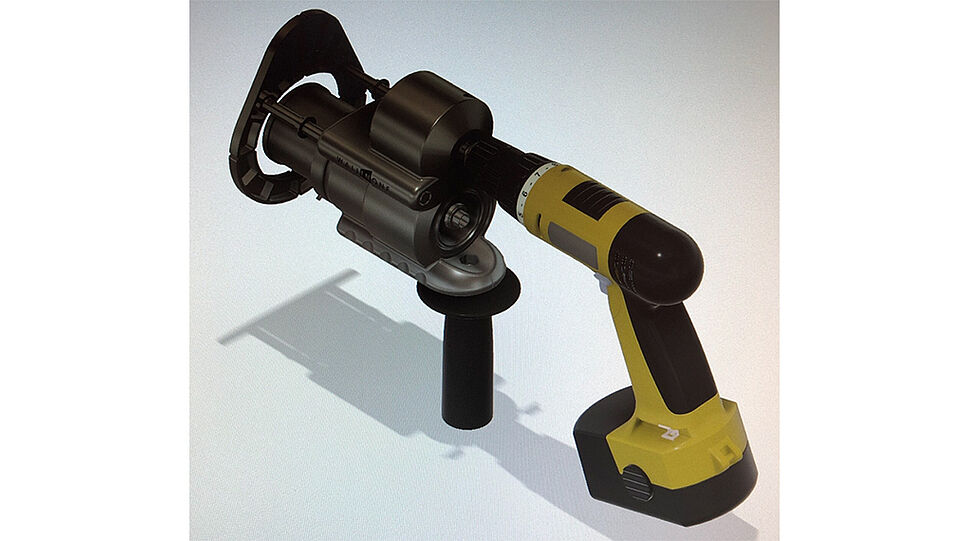 Bohrmaschine mit 3-D-Darstellung eines WALLinONE-Teils