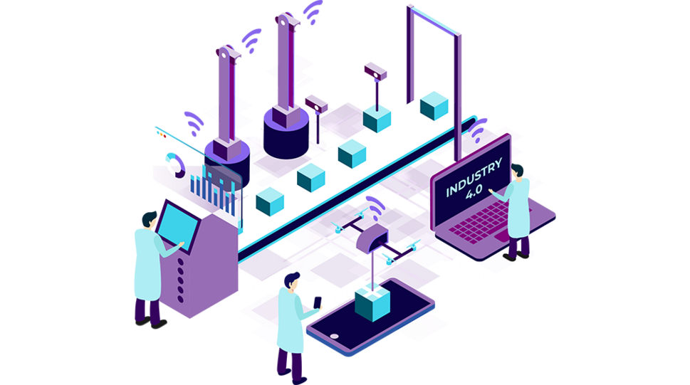 Das Bild zeigt die symbolische Grafik einer Industrie-4.0-Lösung. Zu sehen sind drei Männchen, die an Kontrollboards entlang eines automatisierten Paketlieferbandes aufgereiht sind. Es sind Sender eingezeichnet, die die Logistikdaten der Pakete weiterleiten. Mit der Lösung von DEWINE Labs soll die Datenkommunikation zuverlässig und schnell abgewickelt werden. © DEWINE Labs