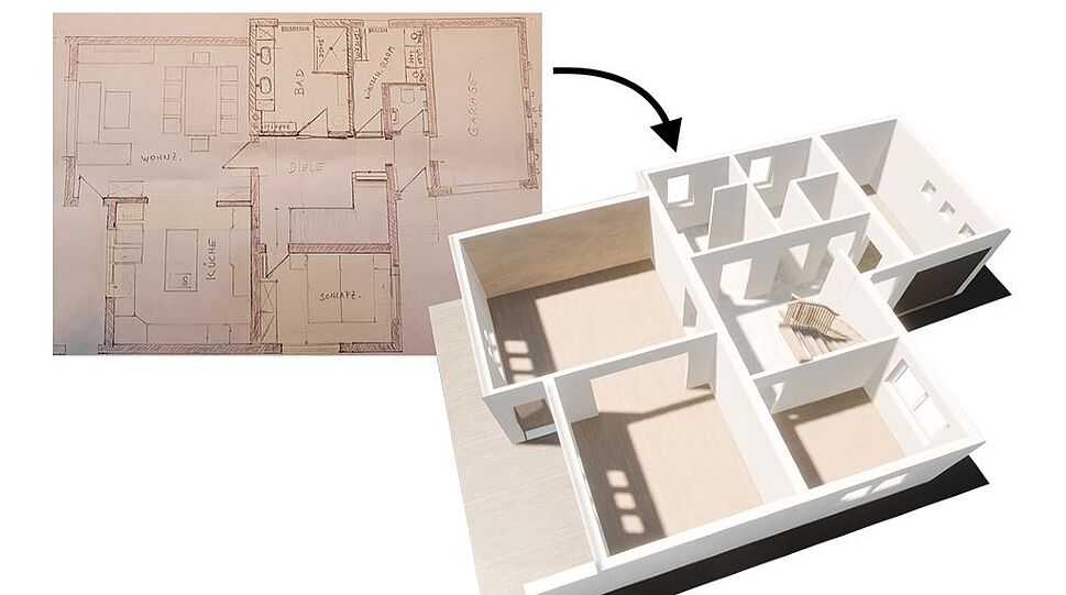 Das Symbolbild zeigt eine grafische Aufbereitung der Arbeitsweise der Vloor-Software. Man sieht einen Wohnungsgrundriss auf einem Architektenplan und eine 2-D-Umsetzung davon, in der Wände, Türen und Fenster zu erkennen sind.