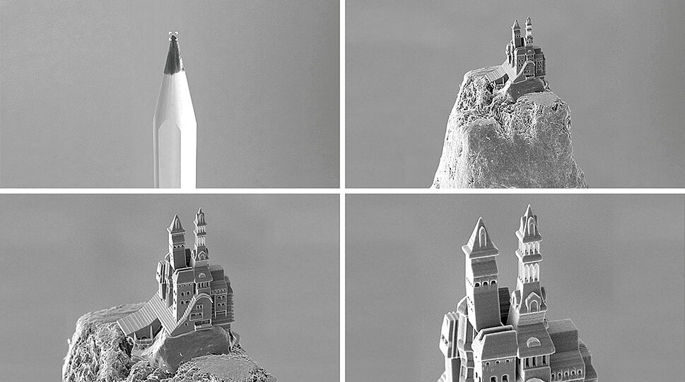 Vier Detailsfots zeigen in verschiedenen Zoom-Größen ein Burgmodell auf einer Bleistiftspitze