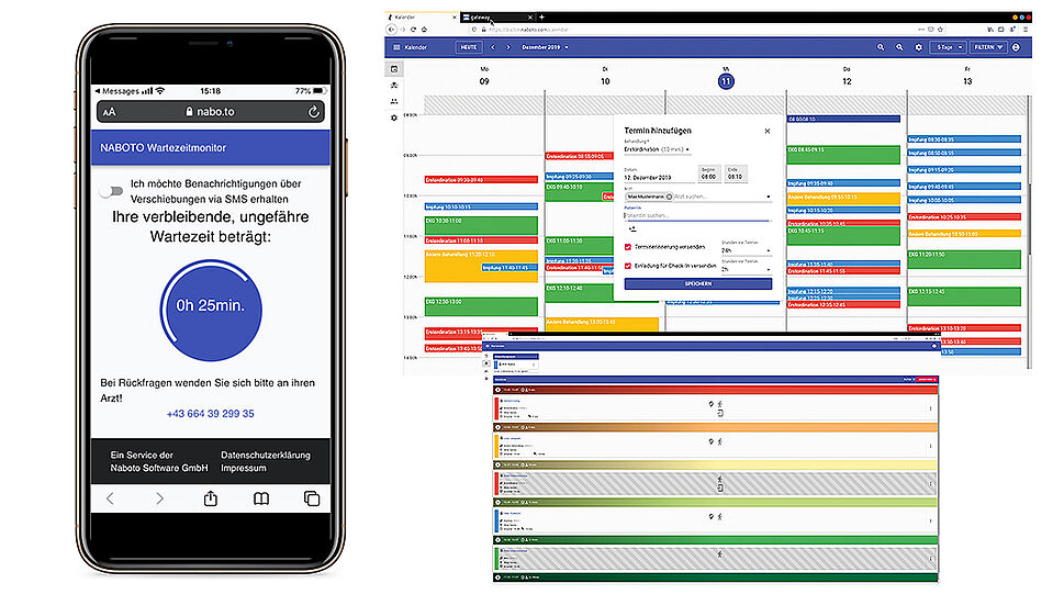 Smartphone mit geöffneter Naboto-App mit angezeigter Wartezeit bis zum Arzttermin, daneben Darstellung eines elektronischen Terminkalenders