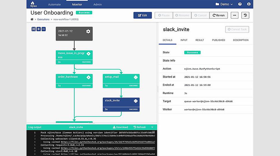 Das Bild zeigt einen Screenshot der Njinn-Software. Zu sehen ist ein aus Kästchen bestehendes Diagramm einer Nutzereinladung. In der Prozessabfolge geht es um den Ablauf einer Slack-Einladung, durch die für jede Userin und jeden User ein eigener Account angelegt wird. Dieser muss durch eine automatisch generierte E-Mail bestätigt werden.