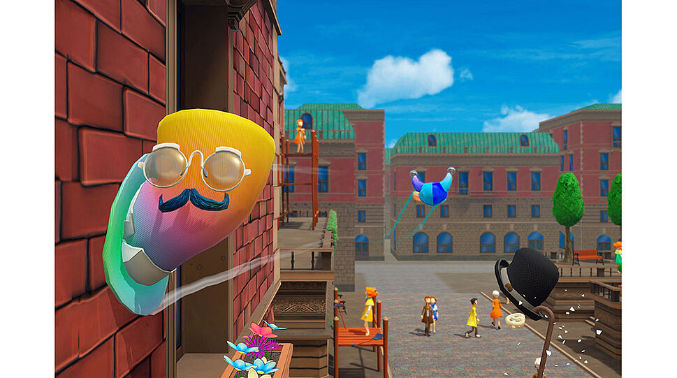 Chapeau - Spielumgebung Stadt mit bunten Figuren und fliegenden Hüten