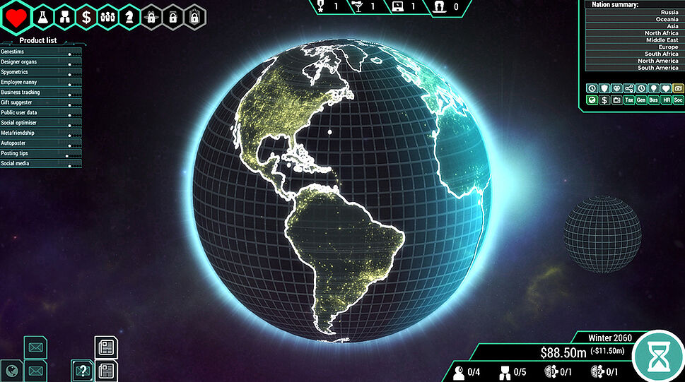Game Benutzeroberfläche - Grafik einer Weltkugel und diverse Icons und Menüpunkte
