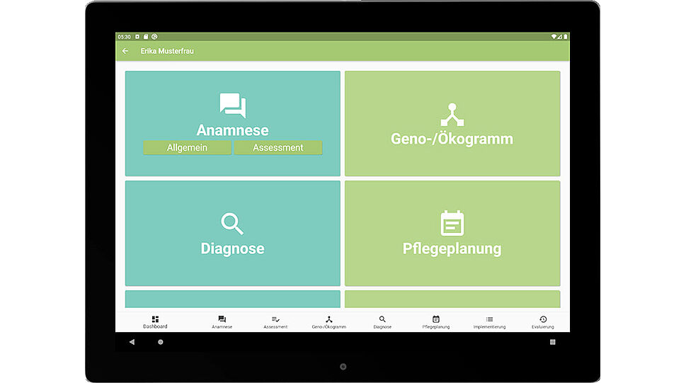 Carenamics - Tablet Page mit Übersichts-Menü Pflegeprozess