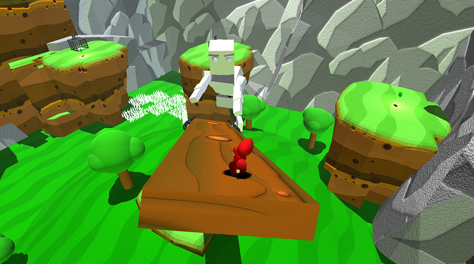 Videospiel - Spielaktion im Gelände, Zwerg balanciert auf Brett über grüner Wiese, Riese hilft ihm