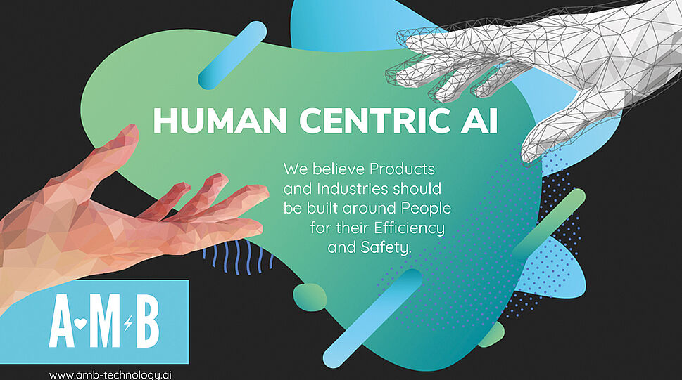 AMB-Logo, 3D-Hände durch Software gezeichnet - Human Centric AI-Schriftzug