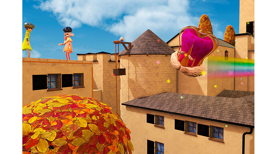Chapeau - Spielumgebung Dächer einer Stadt zwei Figuren und ein Hut