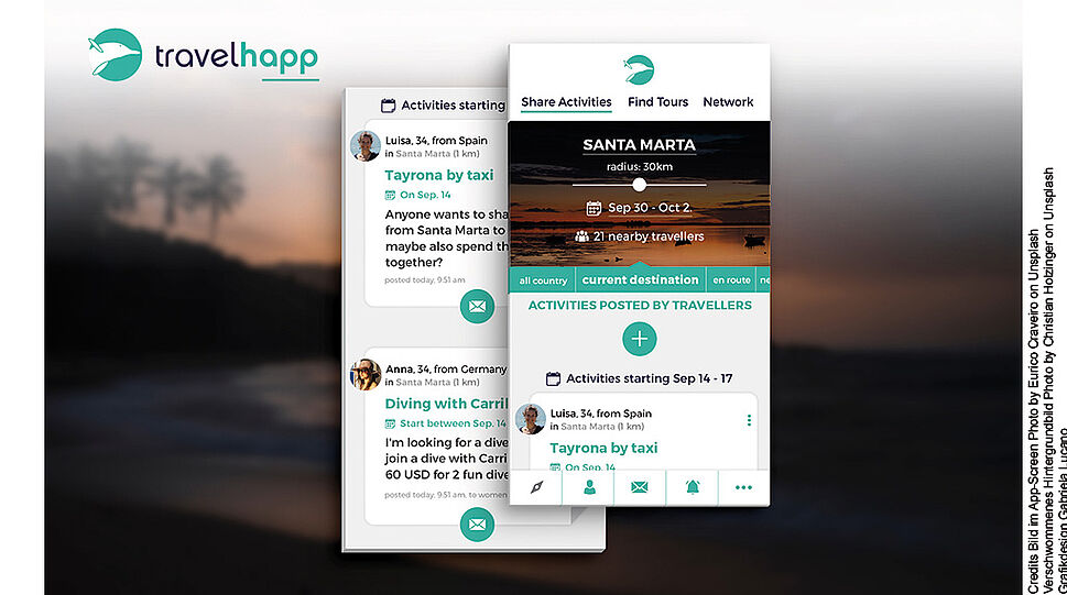 Screens der travelhapp App