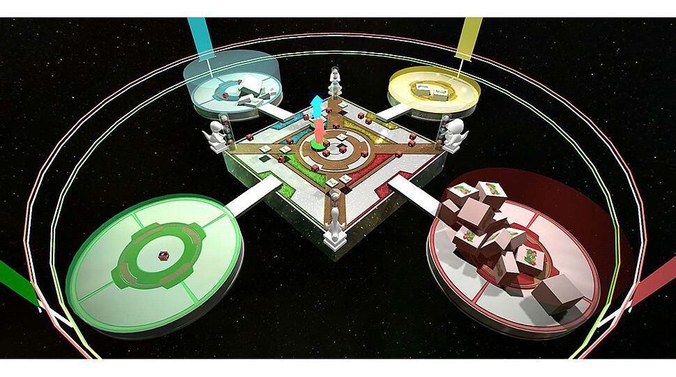Game-Interface mit vier schwebenden farbdifferierenden Plattformen, verbunden durch eine zentrale quadratische Plattform