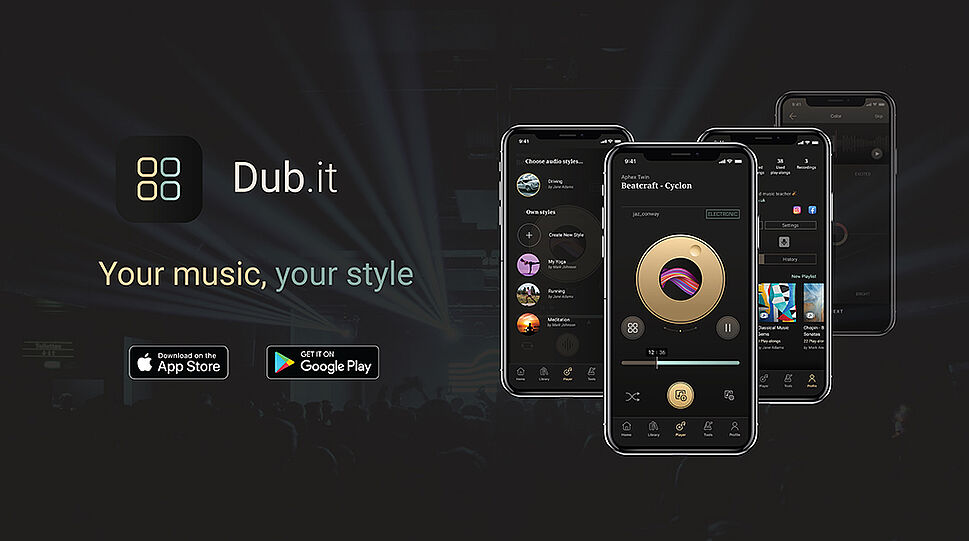 Dubit-Werbesujet mit Logo und Smartphone-Displays im App-Design