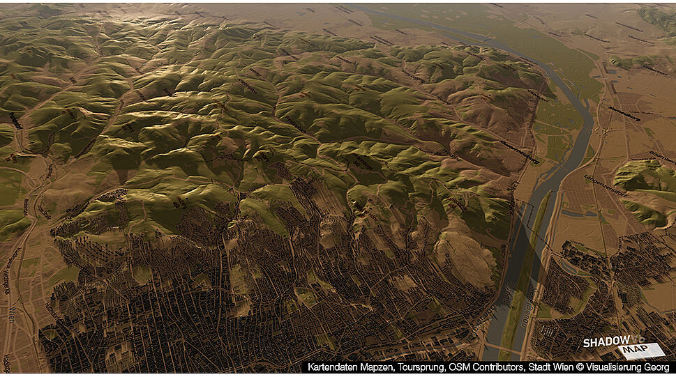 3-D Karte mit Morphologie von Wien und Wienerwald im Sonnenuntergang