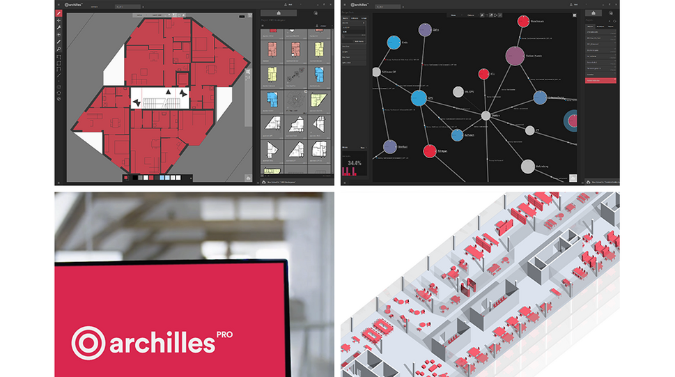 Vier Abbildungen, die 2-D und 3-D-Darstellung einer Gebäudeplanung, ein Netzwerkplan und das archilles-Logo beinhalten