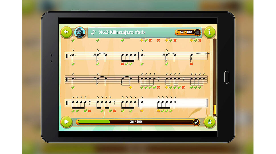 Tablet - Screenansicht mit Playbutton mit Notenbeispiel "Kilimanjaro"