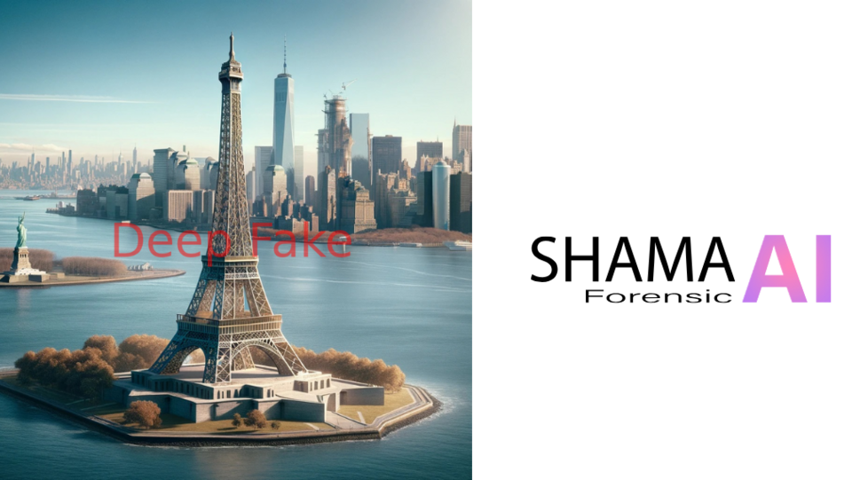 In diesem Fall leicht erkennbar – das Bild zeigt eine KI-generierte Darstellung, in der statt der Freiheitsstatue der Eiffelturm auf Liberty Island vor Manhattan steht. Er befindet sich in der Mitte des Bildes und ist zur Gänze sichtbar, mit seiner charakteristischen Gitterkonstruktion und spitzen Form. Im Hintergrund erstreckt sich die dichte Skyline von Manhattan mit den Wolkenkratzern. Quer über den Eiffelturm, in der oberen Bildhälfte, steht der Schriftzug „Deep Fake“ in großen, leicht transparenten roten Buchstaben. Im Vordergrund ist das blaue Wasser des New Yorker Hafens zu sehen. Es umgibt die Insel, auf der der Eiffelturm steht. © Shama AI