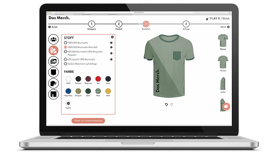 Das Mersh - Laptop-Screen mit Online-Konfigurator für ein Shirt und Logoplatzierung