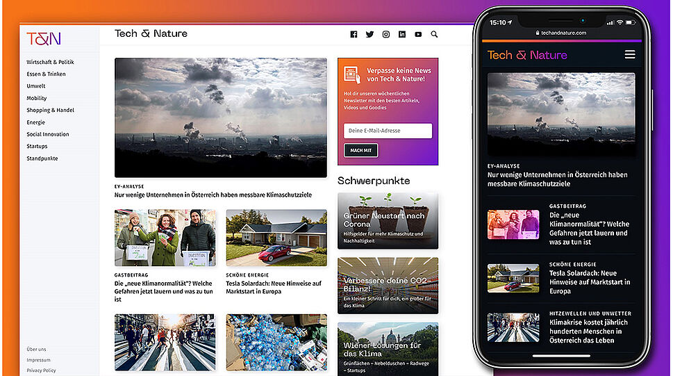 Tech & Nature-Portal mit Themenauswahl